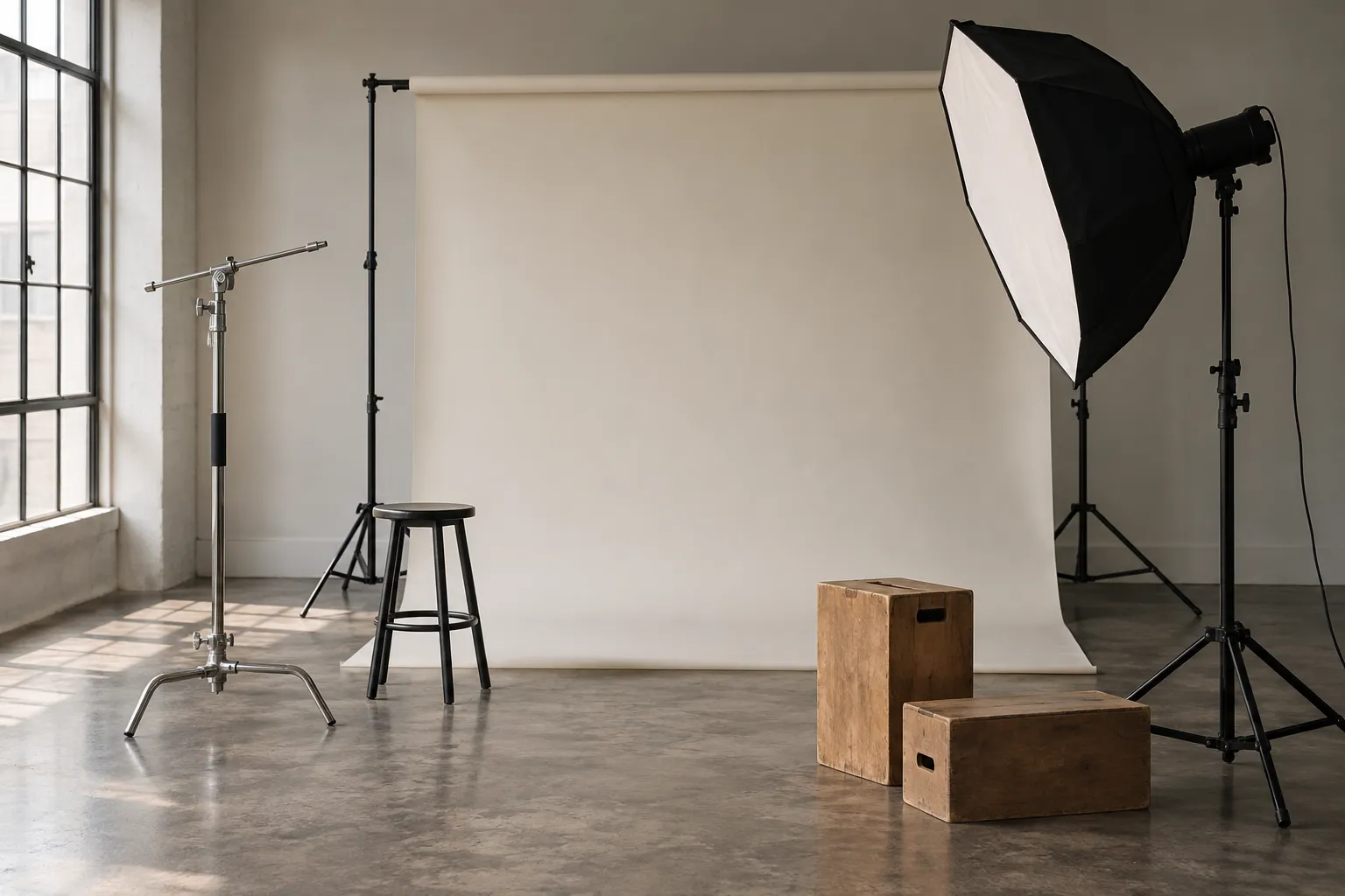 Estudio fotográfico profesional con fondo blanco, flash con octabox y luz de ventana