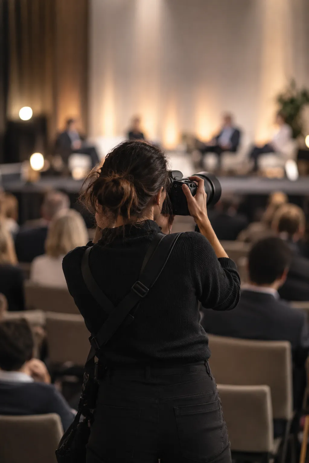 Fotógrafo de eventos cubriendo una conferencia desde el público
