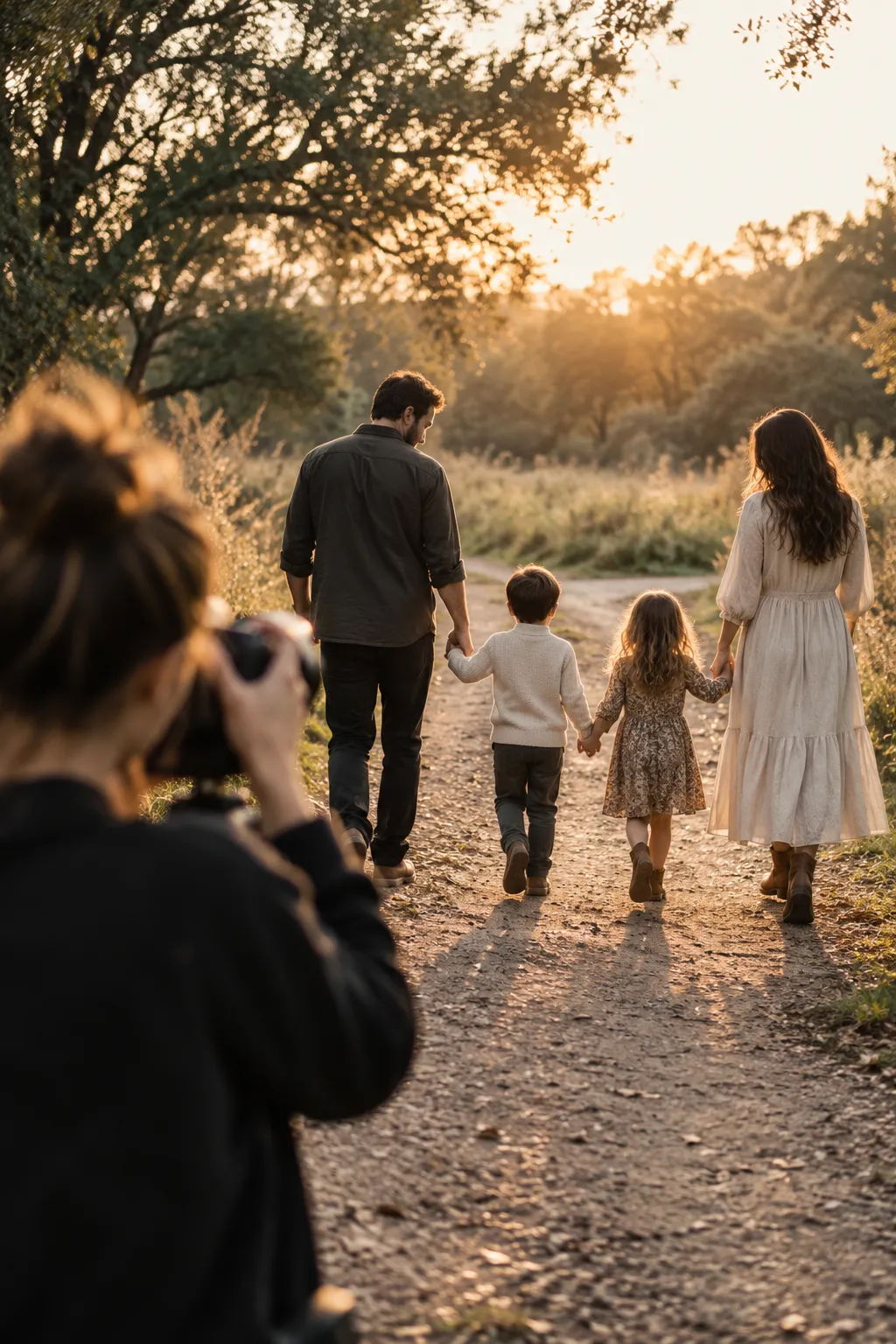 Sesión de fotos familiar en un parque al atardecer