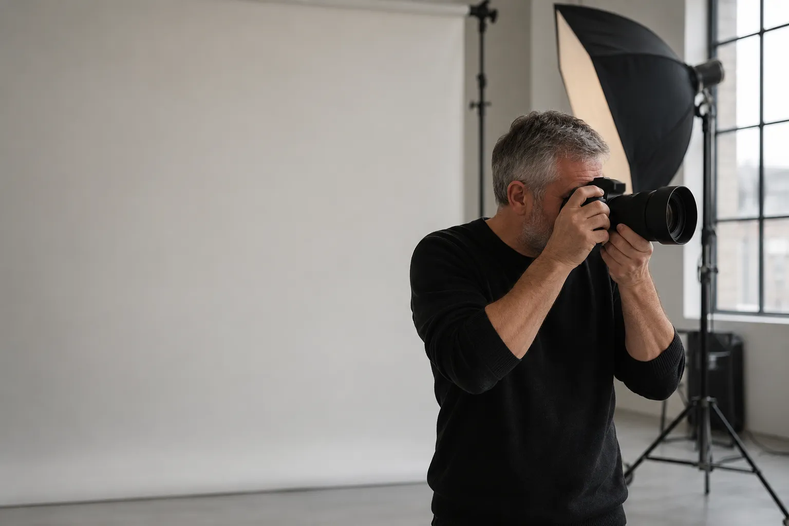 Fotógrafo profesional con experiencia trabajando con cámara en un estudio fotográfico con luz natural