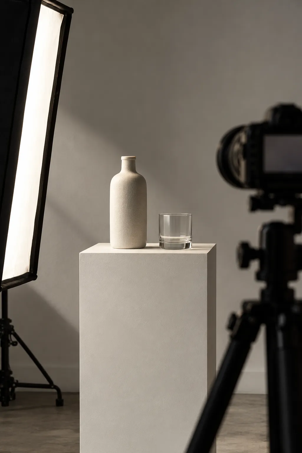 Set de fotografía de producto con botella de cerámica iluminada con softbox