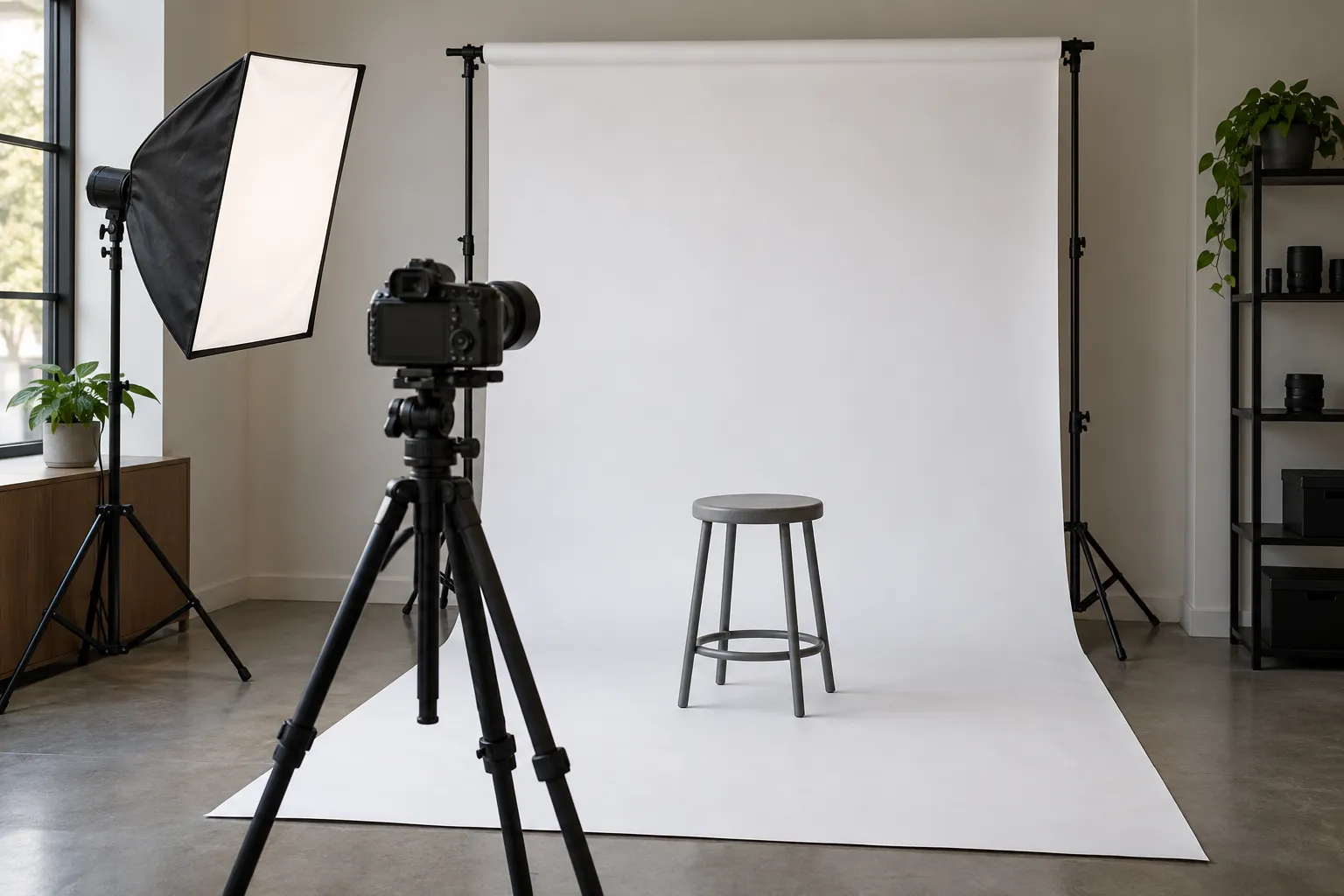 Estudio de fotografía para trámites con fondo blanco, banco, cámara en tripié y softbox