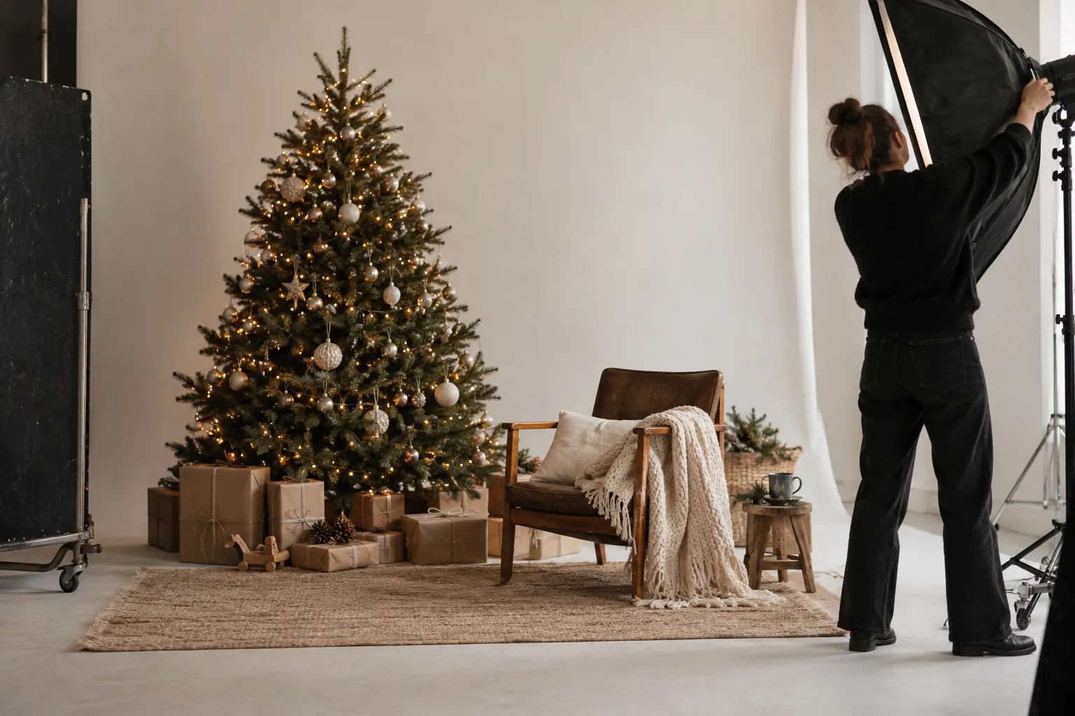 Set de fotos navideño en estudio con árbol iluminado, regalos y sillón, y una fotógrafa ajustando la luz