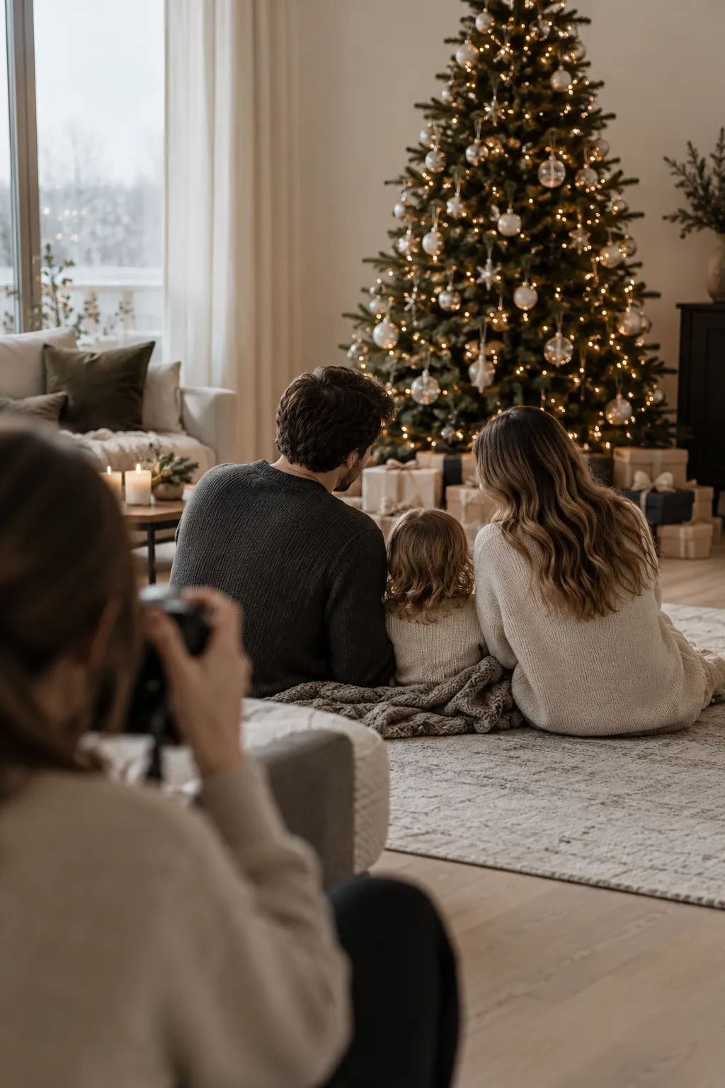 Sesión de fotos navideña de una familia frente al árbol de Navidad en casa