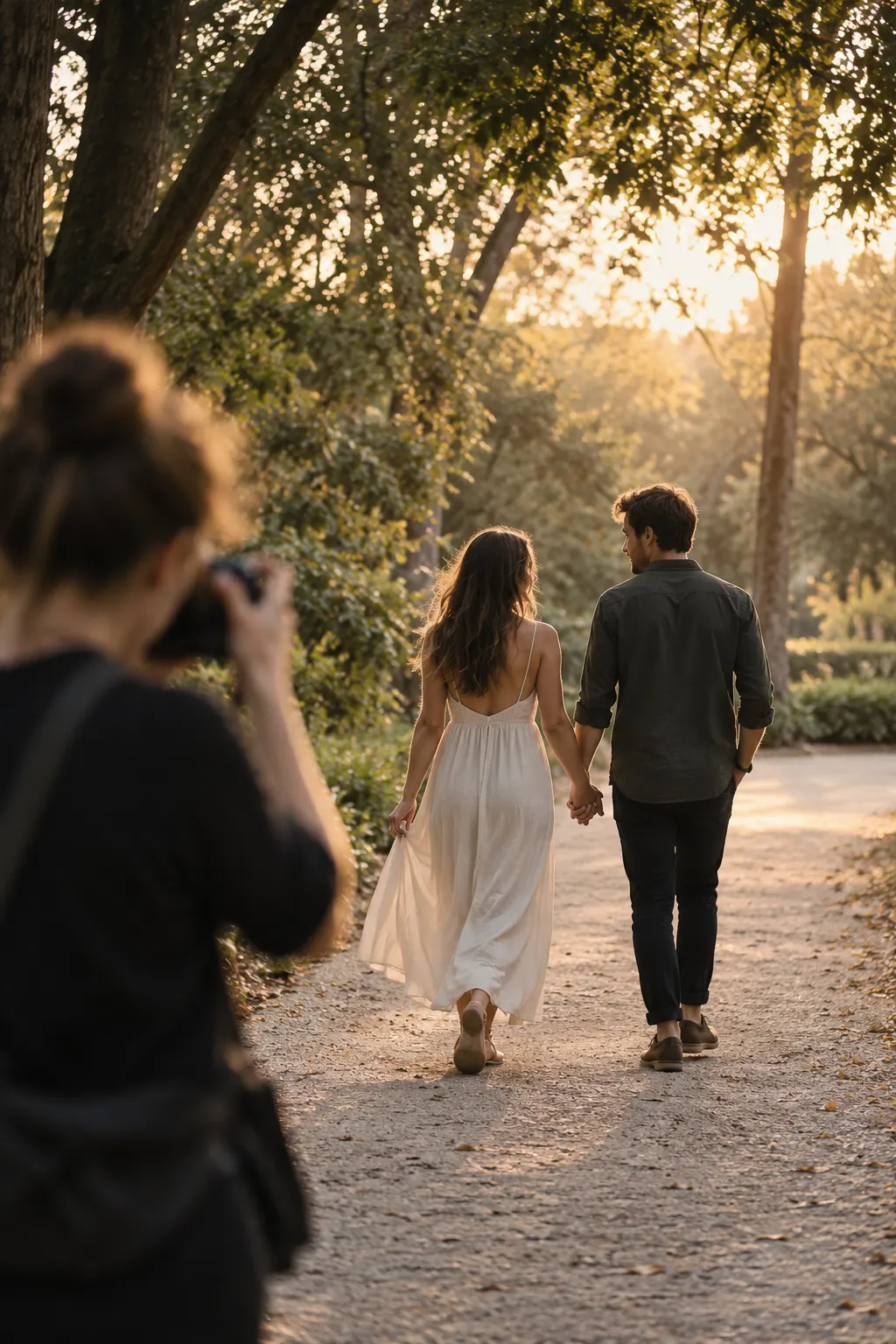 Sesión de fotos en pareja caminando de la mano en un parque al atardecer